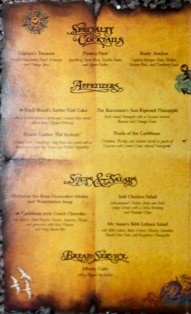 Pirates IN the Caribbean Menu (2011) - Cocktails, Appetizers, Soups & Salads, and Bread Service