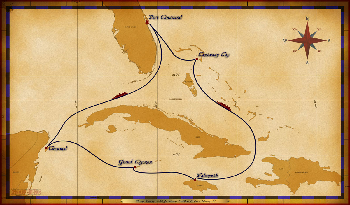 Port Canaveral, FL • At Sea • Cozumel, Mexico • Grand Cayman, Cayman Islands • Falmouth, Jamaica • At Sea • Disney's Castaway Cay