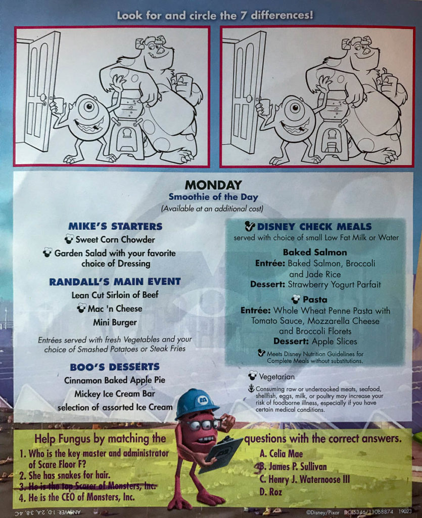 Fantasy Kids Dinner Menu Monday Monsters Inc March 2019