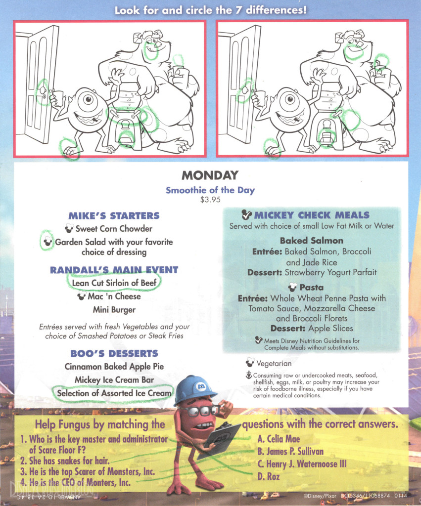 Mickey Check Childrens Menus Magic February 2015 Monsters Inc Monday