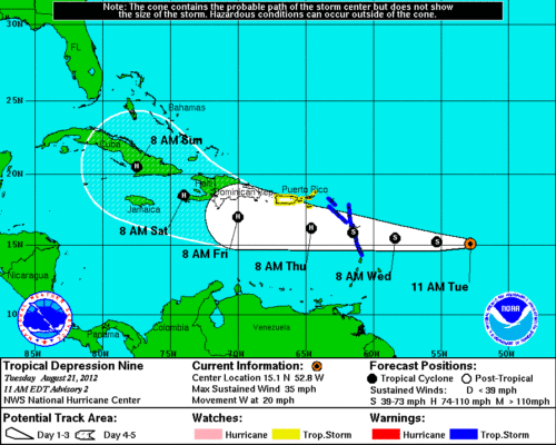 Storm 9 - 5-Day Forecast Cone for Storm Center Isaac