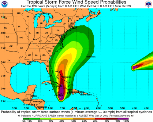 NHC 5-Day Hurricane Sandy Wind Probs 10-24-2012 2PM