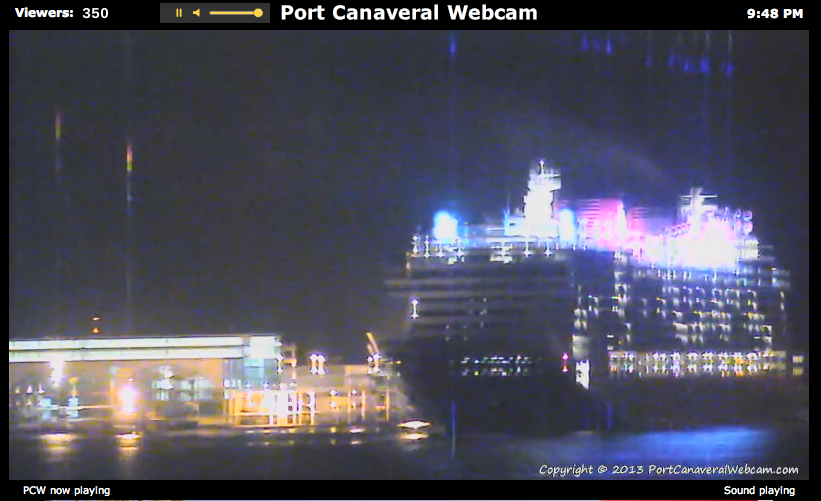 Disney Fantasy Pulling Away from Cruise Terminal Port Canaveral Webcam April 6 2013 9:48 PM