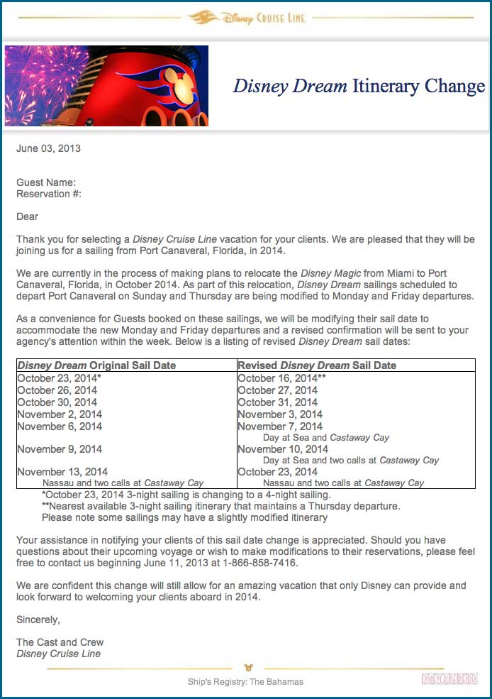DCL Dream Itinerary Change Letter to Travel Agents June 3, 2013