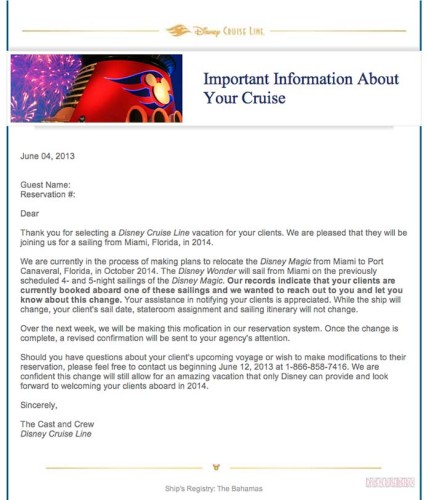 DCL Magic Wonder 2014 Itinerary Change Letter
