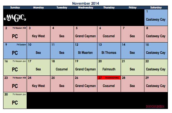 Disney Magic November 2014 Itinerary Calendar