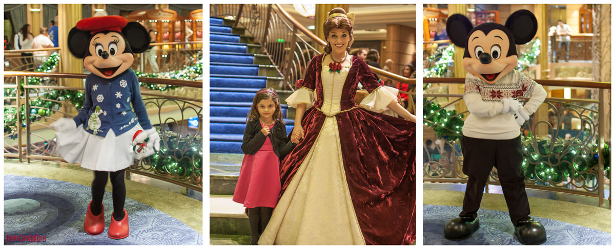 Disney Cruise Characters Mickey Mouse, Minnie Mouse, and Belle in Christmas Attire
