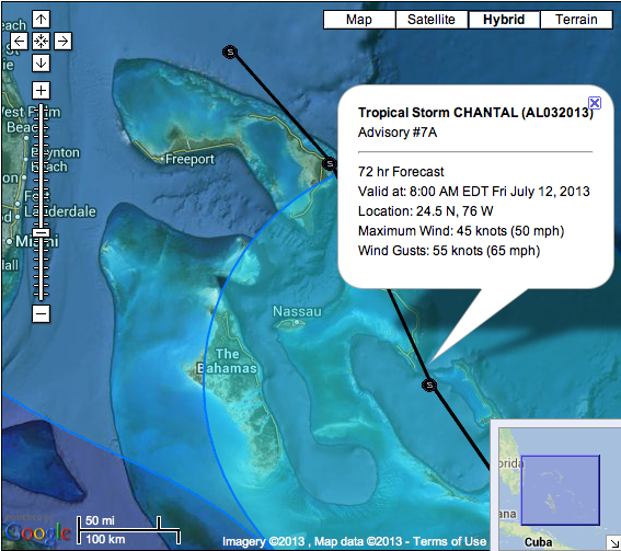 TS Chantal Google Map NHC Forecast 2PM 2013 Jul 9