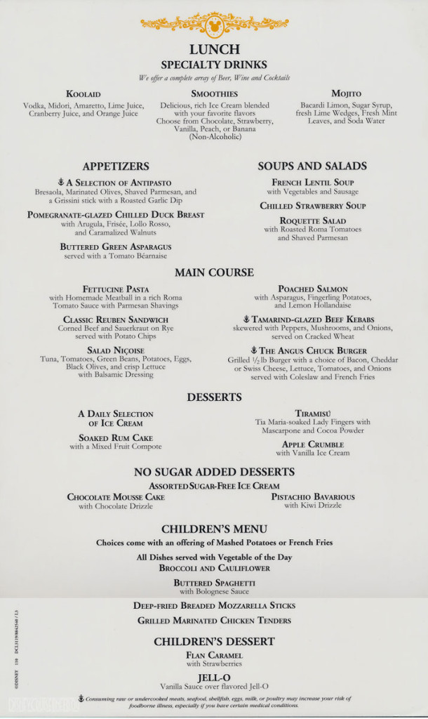 DCL Dining Room Lunch Menu 2013
