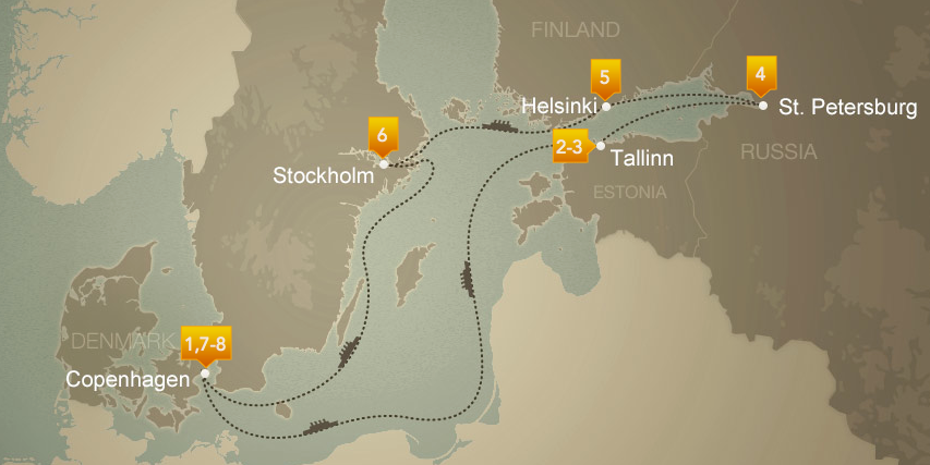 Copenhagen, Denmark • At Sea • Tallinn, Estonia • St Petersburg, Russia • Helsinki, Finland • Stockholm, Sweden • At Sea