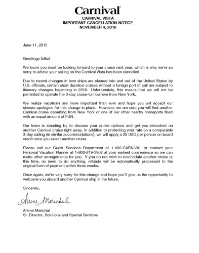 Carnival Cruise Nowhere Cancelation Letter 2016