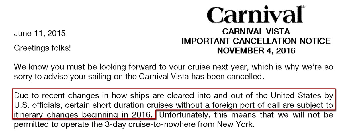 Carnival Cruise Nowhere Cancelation Letter Excerpt 2016