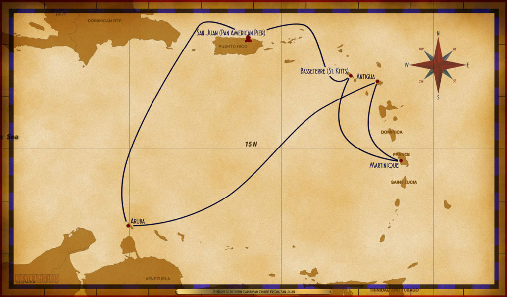Map Wonder 7 Night Southern Caribbean Cruise SJU BAS MAR ANT ARU