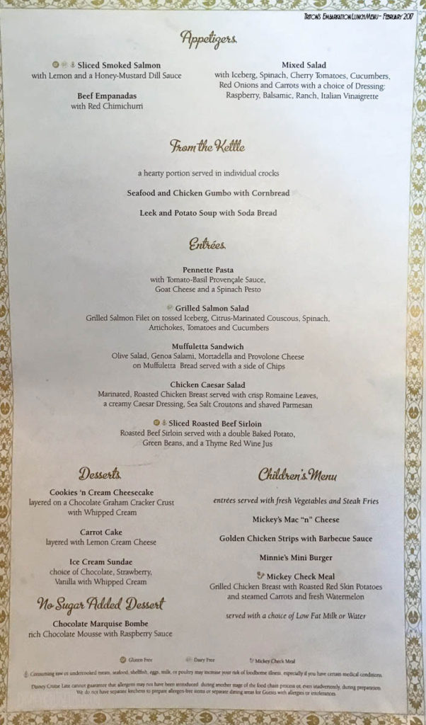 Tritons Embarkation Lunch Menu February 2017 20170216