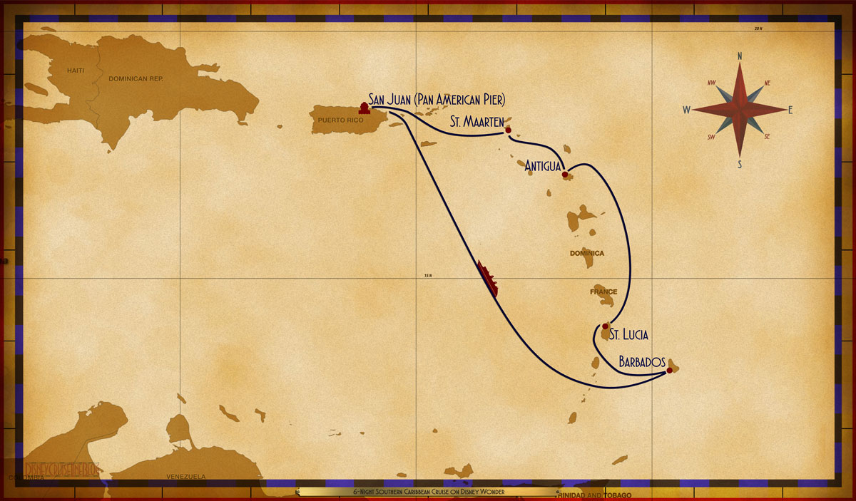 Map Wonder 6 Night Southern Caribbean Cruise SJU SXM ANT StL BAR SEA