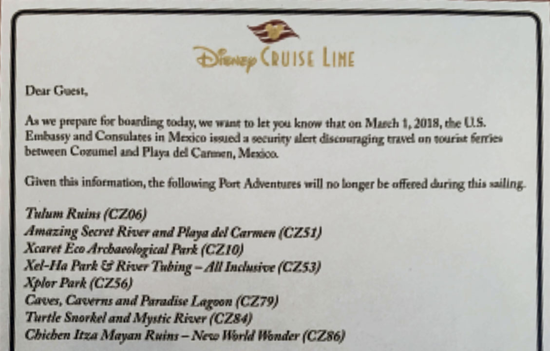 DCL Fantasy Cozumel Port Adventure Safety Cancelations 20180303