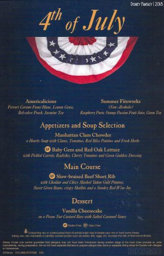 DCL Forth July Dinner Menu 2018