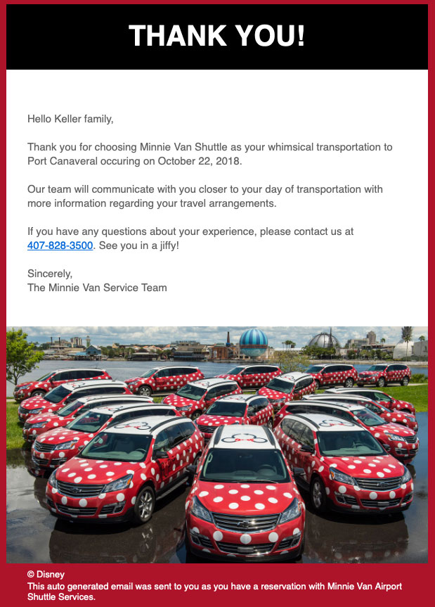 WDW Minnie Van Port Canaveral Confirmation Email