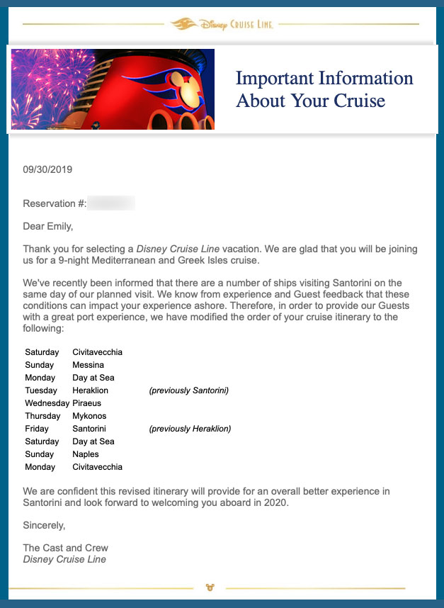 DCL Email Magic 9 Night Greeece Itinerary Change 20190930