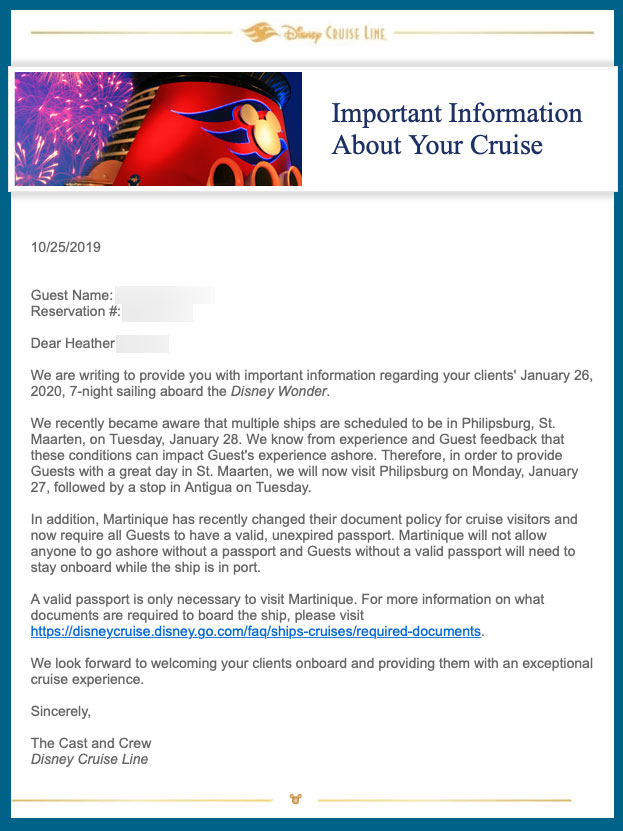 DCL TA Email Wonder 20200126 Itinerary Alteration