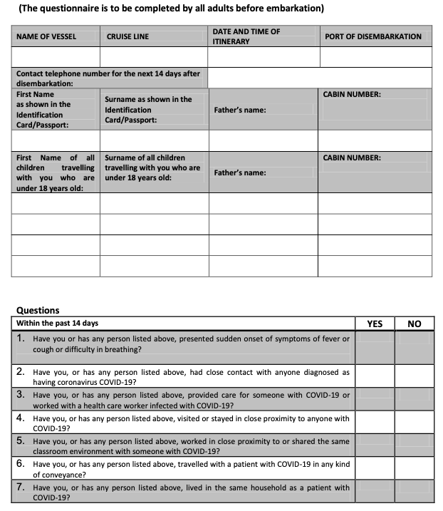 EU HEALTHY GATEWAYS COVID 19 RESTARTING CRUISES V20200701 Embarkation Health Questionnaire