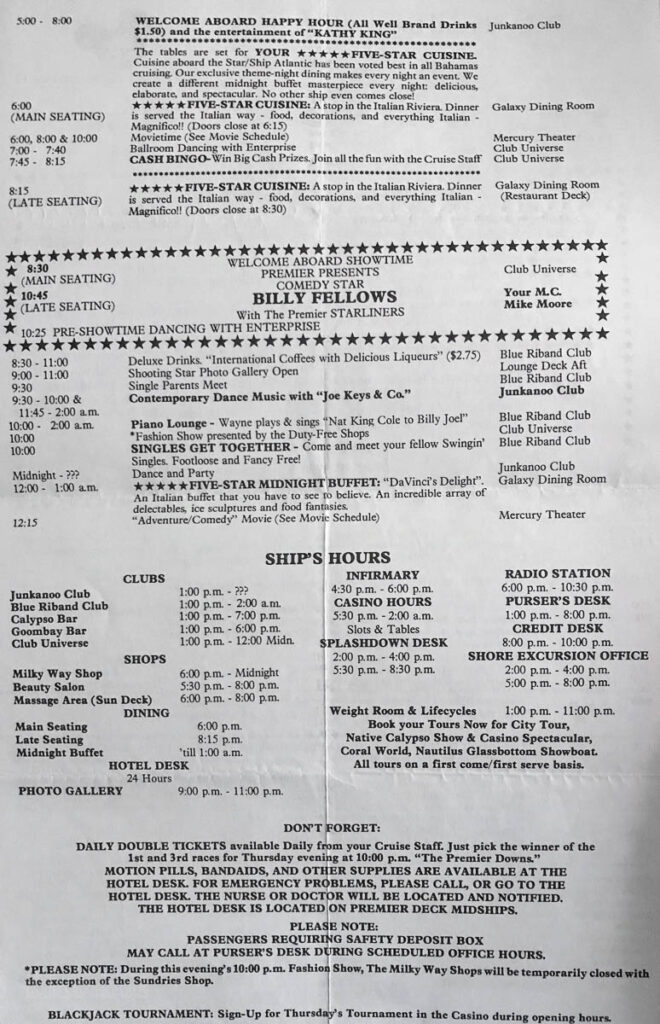 Premier Cruise Line Daily Schedule Atlantic 19890911 2