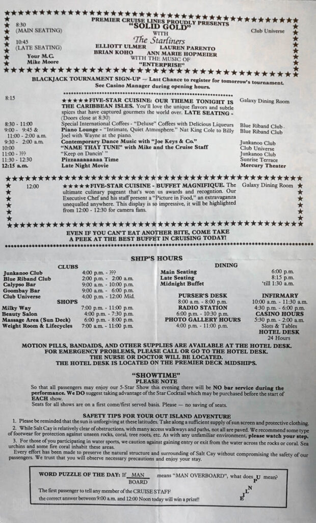 Premier Cruise Line Daily Schedule Atlantic 19890913 2