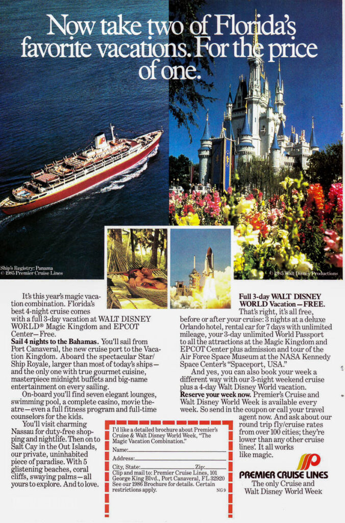 Premier Cruise Lines Walt Disney World 1985 Advertisement 3