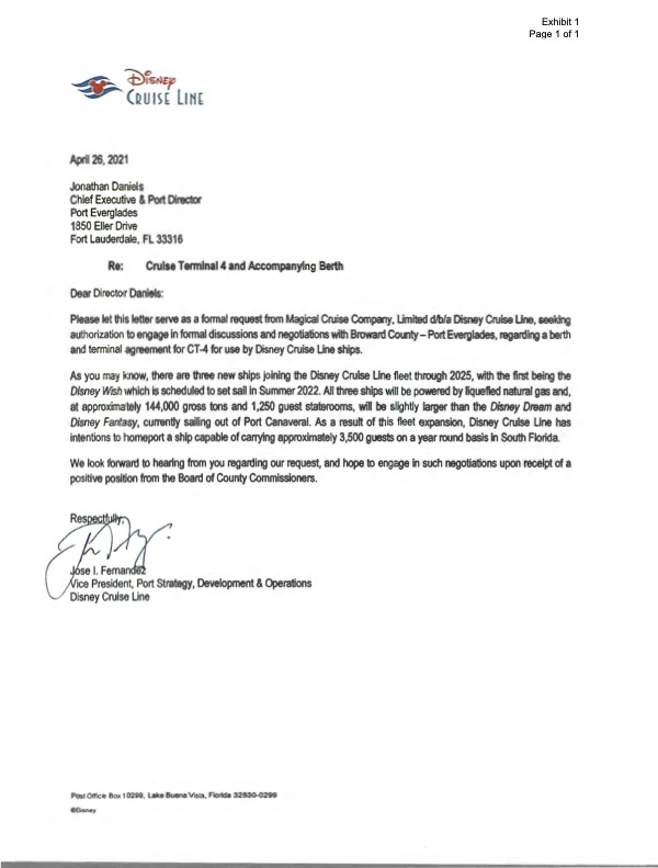Port Everglades Letter From Disney Cruise Line 20210426