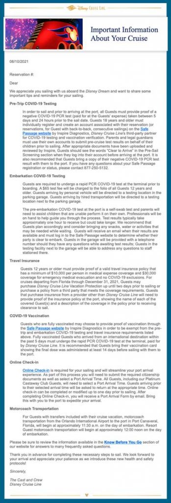 DCL Pre Cruise COVID Testing Requirement Reminder Email 20210810