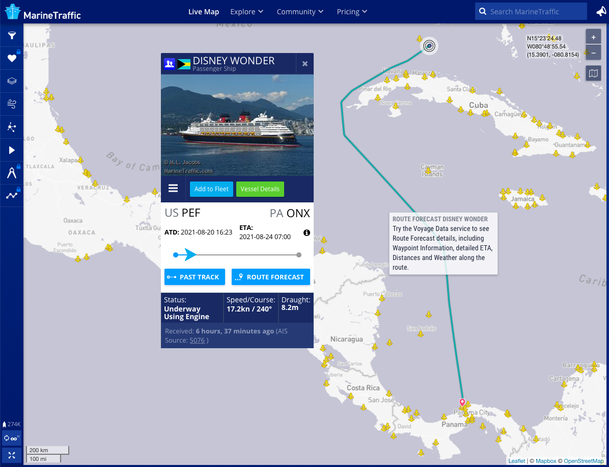 Disney Wonder Panama Canal AIS Destination 20210821 Marine Traffic Forecast Track