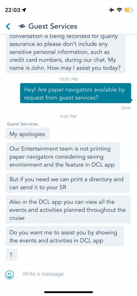 Disney Fantasy Guest Services Chat Personal Navigator Request