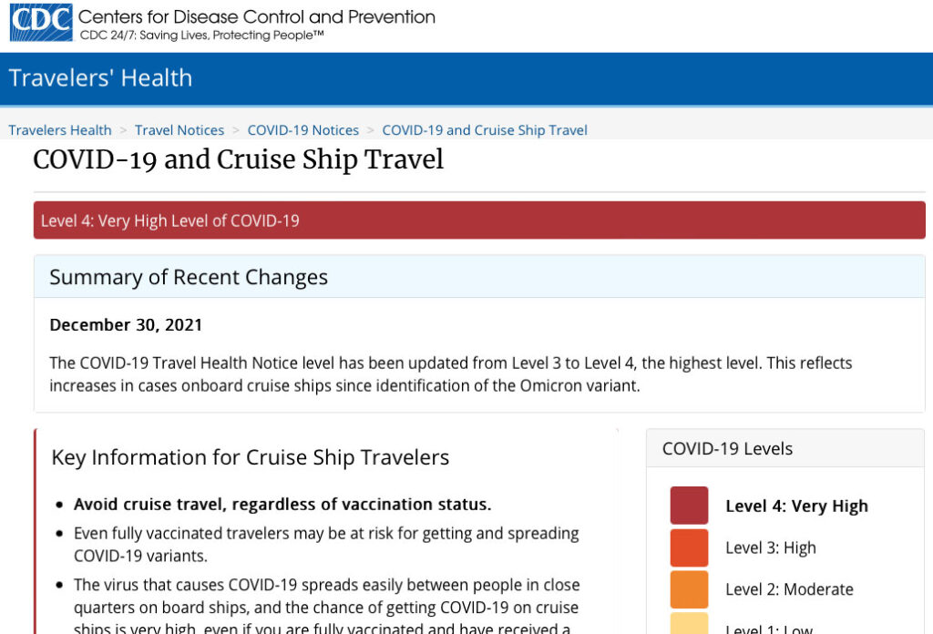 CDC Cruise Ship Travel Notice Level 4 Upgrade 20211230