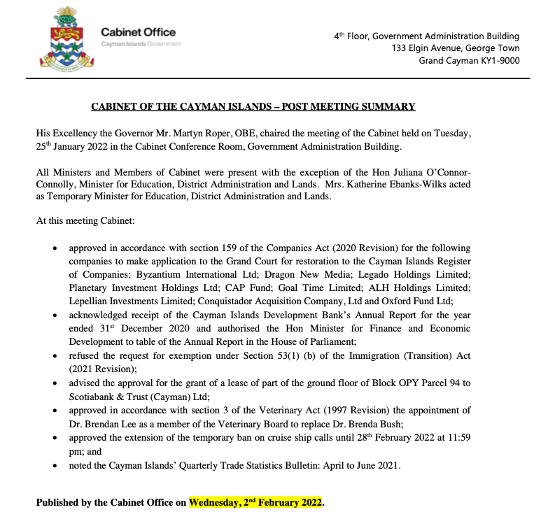 Cayman Cabinet Post Meeting Summary 2022 01 25