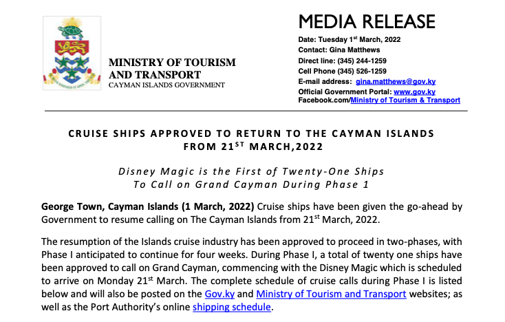 Cayman Islands Cruise Restart Press Release 20220301