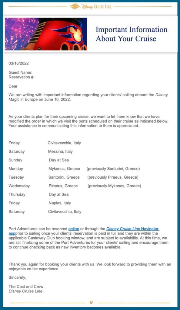 DCL Email Magic 20220610 Itinerary Change 20220316