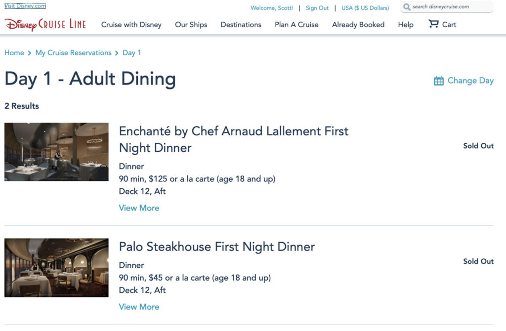 DCL Wish Adult Dining Maiden Schedule Day 1