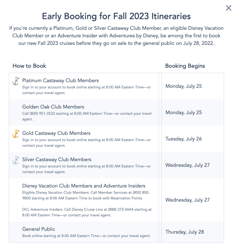 DCL Early Booking Timeline Fall 2023 20220721
