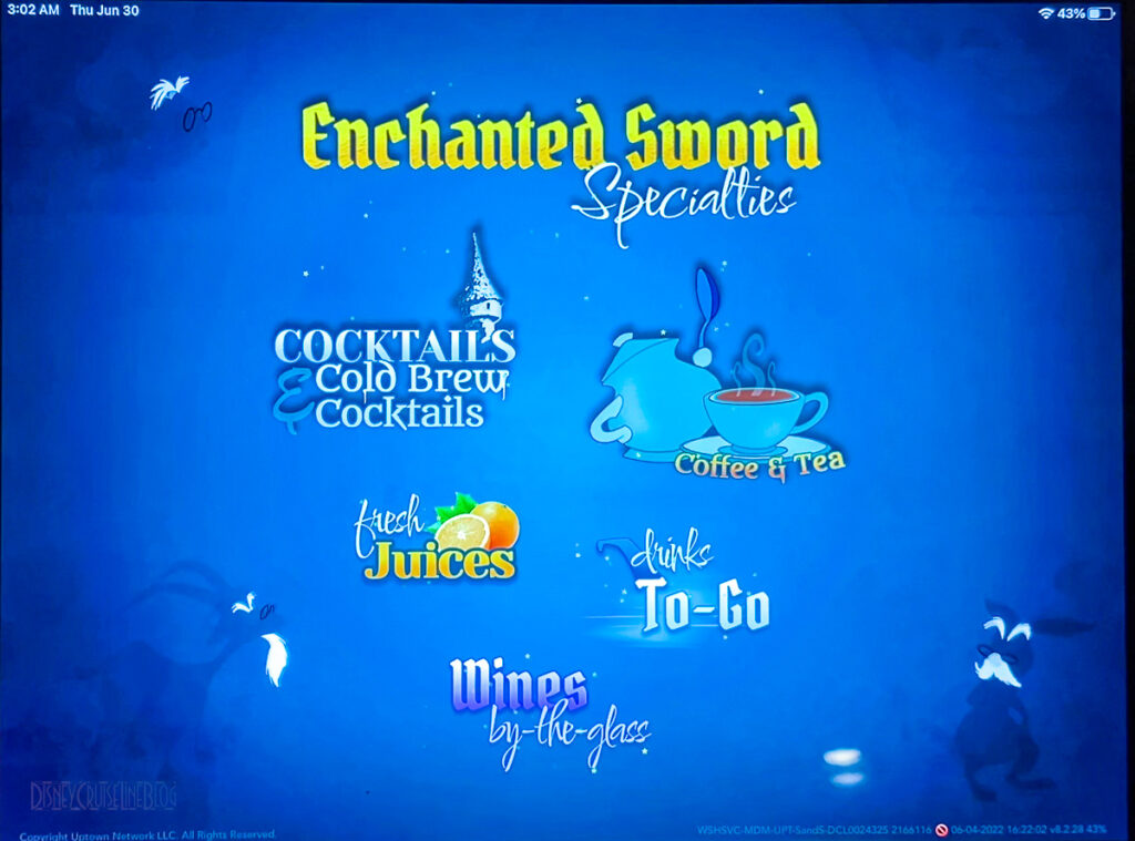 Disney Wish Enchanted Sword Cafe IPad Menu