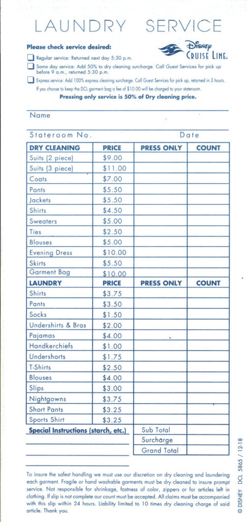 Disney Wish Laundry Service Price Sheet