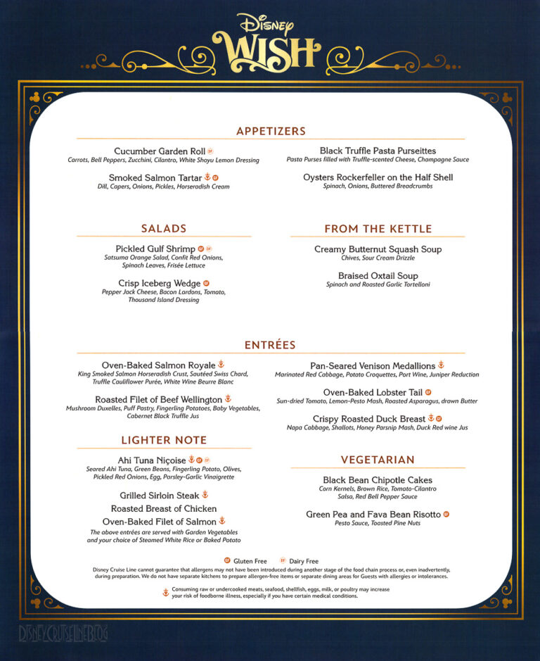 Disney Wish Maiden Voyage Dinner Menu • The Disney Cruise Line Blog