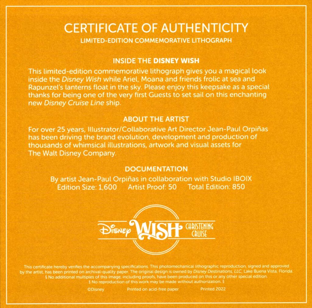 INSIDE THE DISNEY WISH CERTIFICATE OF AUTHENTICITY