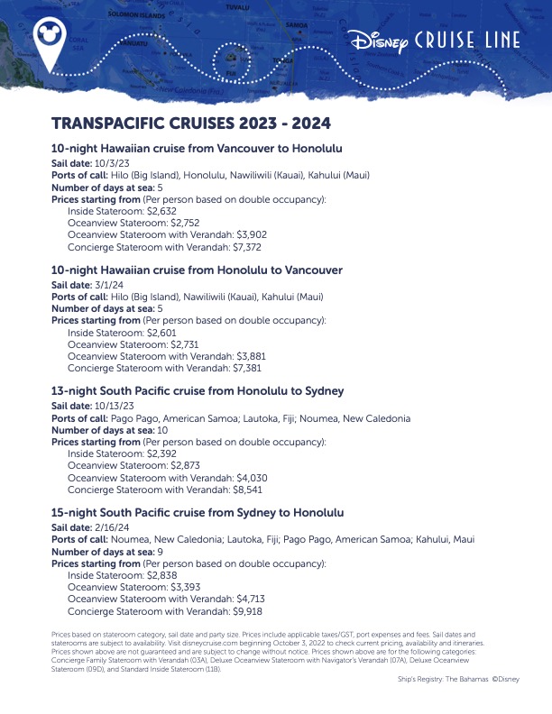 DCL Wonder Transpacific Cruises 2023 2024