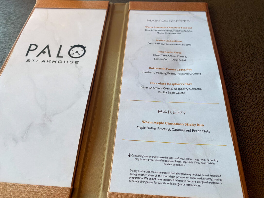 Palo Steakhouse Brunch Dessert Menu