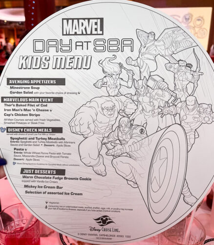 DCL Dream Marvel Day At Sea Dinner Childrens Menu 2023