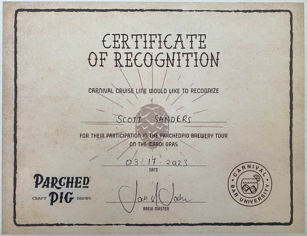 CCL Mardi Gras Brewery Tour Certificate