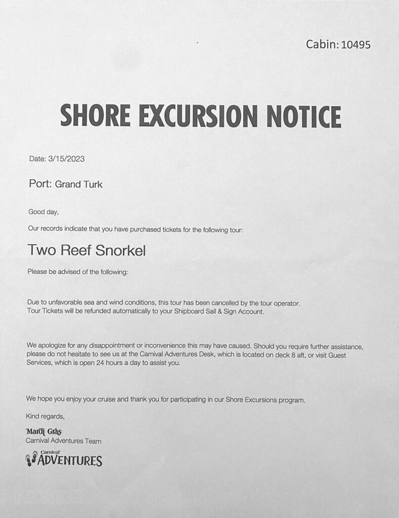 CCL Mardi Gras Grand Turk Shore Excursion Cancellation Notice