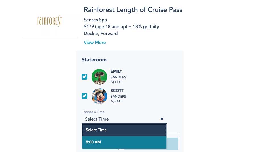 DCL My Reservations Spa Bookings Appointment Times Rainforest Pass 20230729