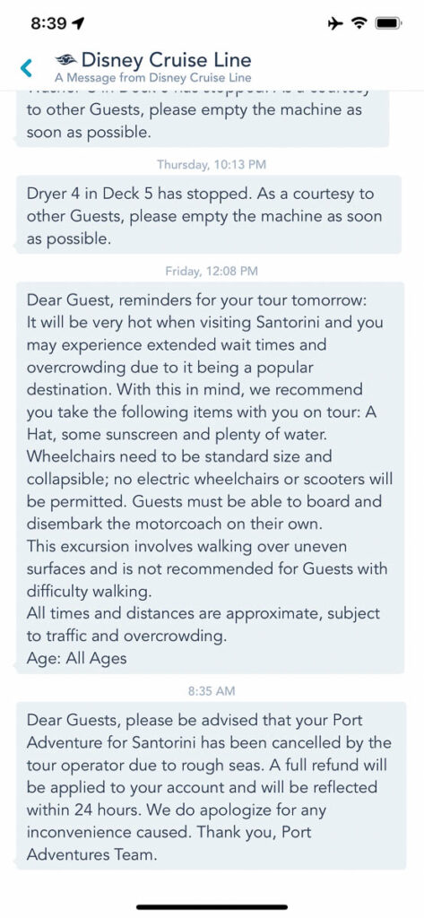 Dream App Message Santorini Port Adventure Cancelled