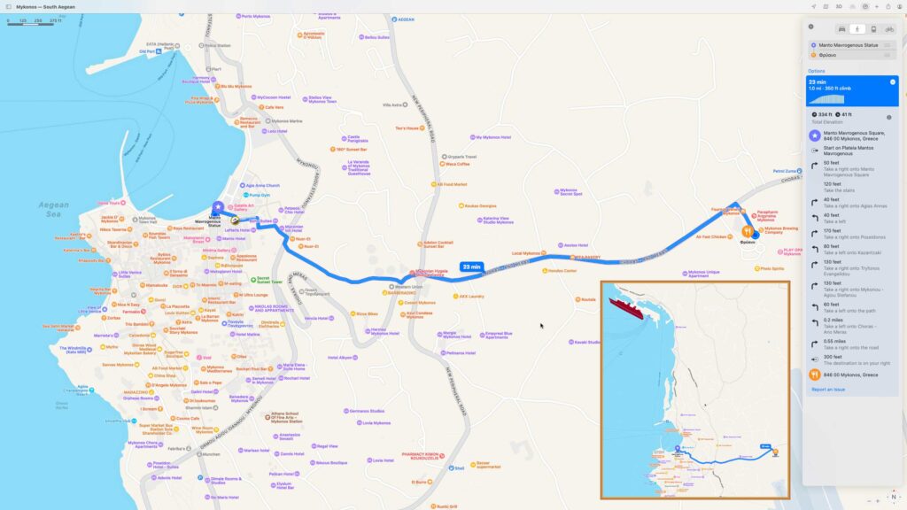 Mykonos Port To Brewery Walking Map